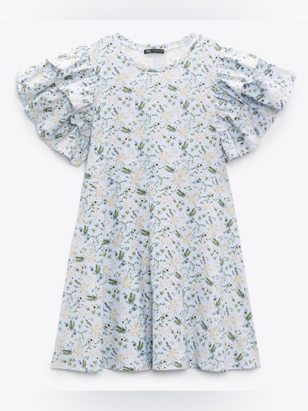 ZARA Light Blue Floral Ruffle Sleeve Dress M
